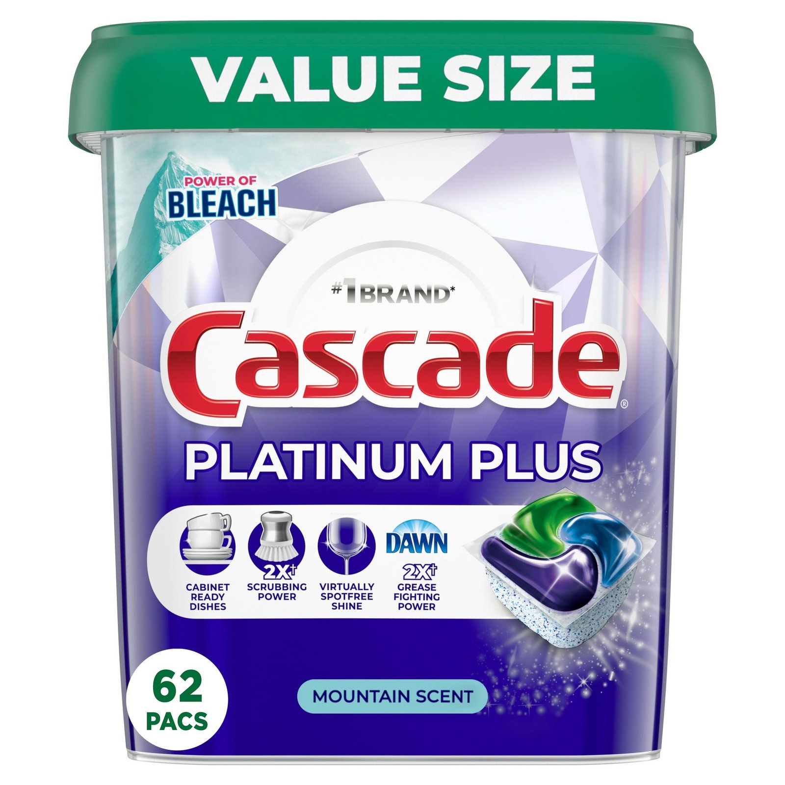 Cascade Platinum Plus Dishwasher Detergent Pacs, Mountain Scent, 62 Count (2 Pack)