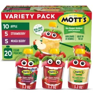 Mott's No Sugar Added Applesauce Variety Pack, 3.2 oz, 20 Count Clear Pouches - pack of 2